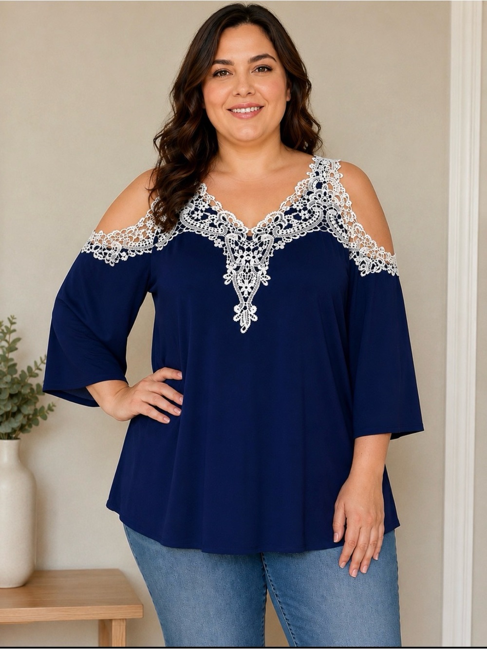 Plus-Size Navy Cold-Shoulder Blouse with White Lace Trim
